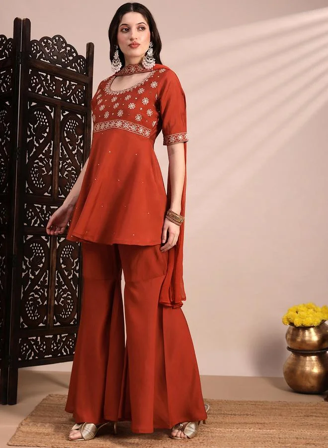 globus 3-Piece Zari Embroidered Yoke Tunic, Gharara and Dupatta Festive Co-Ords